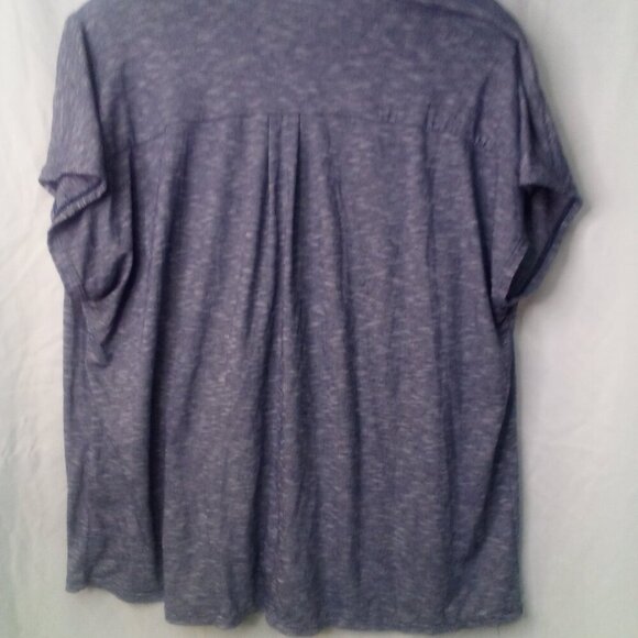 Max Edition Blouse L Short Sleeve Button Front Tie Hem V-Neck Blue - Picture 11 of 14